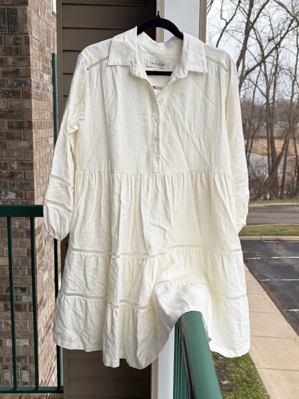 🆕 Taylor Porcelain White Linen Blend Tiered Dress Size 10, 12 Boho Mini Dress - Picture 4 of 17
